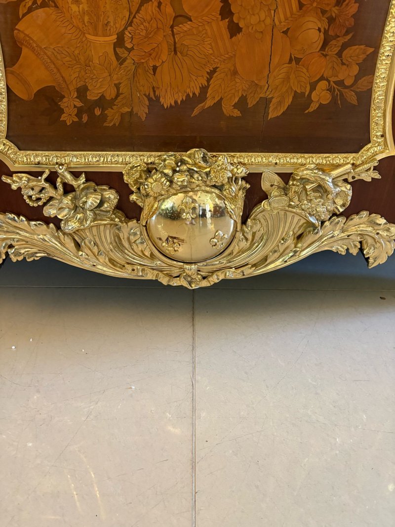 Antique Rare Fine Pair of French Early 20th Century Mahogany, Fruitwood Marquetry and Gilt Bronze Mounted Commodes In the Louis XVI Style, after the Original By Jean-Henri Riesener - Image 14